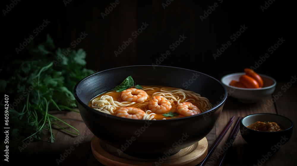 A bowl containing soup with shrimp and noodles, in the style of tabletop photography, Generative AI A bowl containing soup with shrimp and noodles, in the style of tabletop photography, Generative AI
