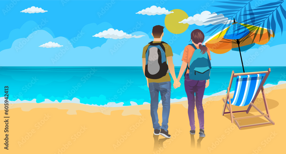 couple of tourist or students with backpack on Summer holiday vacation concept.