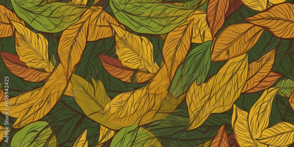 Illustrated Repetitive Seamless Pattern of Tropical Green and Yellow Autumn Leaves, Created by Generative AI Illustrated Repetitive Seamless Pattern of Tropical Green and Yellow Autumn Leaves, Created by Generative AI