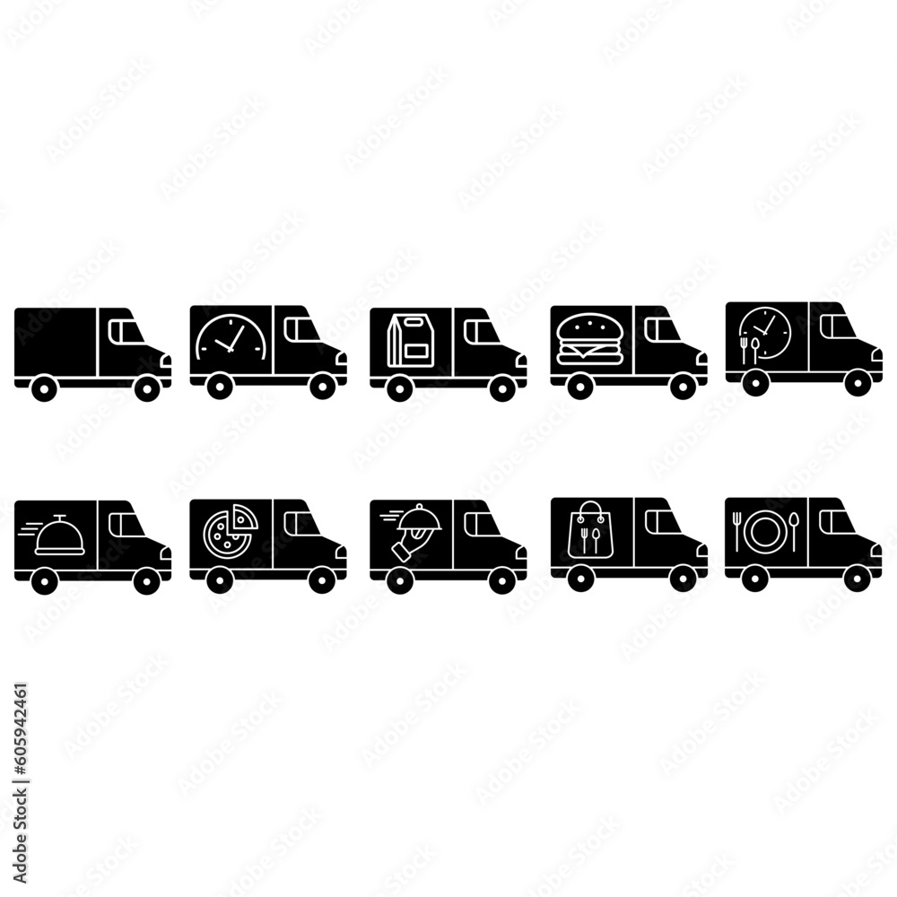 Food delivery icon vector set. Takeaway food illustration sign collection. fast food symbol. Restaurant on wheels logo.