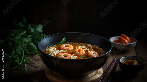 A bowl containing soup with shrimp and noodles, in the style of tabletop photography, Generative AI