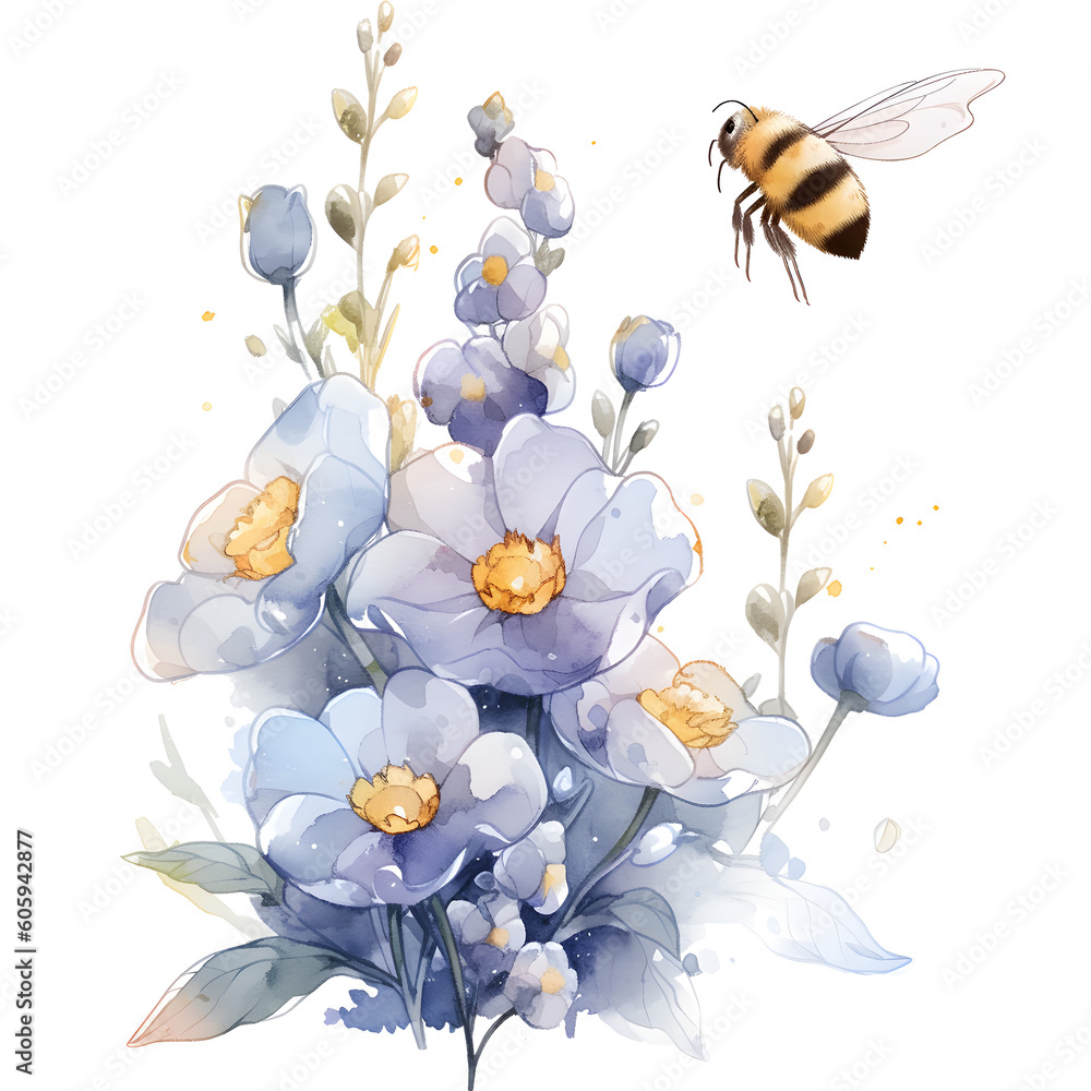 Watercolor Bumblebee on a flowers Generative AI