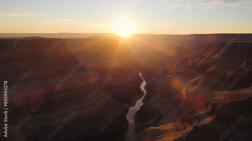 Breathtaking drone footage captures the mesmerizing beauty of a sunset over the Grand Canyon, revealing the awe-inspiring play of colors and the vastness of this natural wonder. Generated by AI.