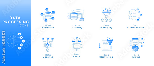 Data Processing Icons - A Set of High-Quality Icons for Data Processing like Data Collection, Cleaning, Wrangling, Transformation, Modeling, Ethics, Storytelling, and Mining.