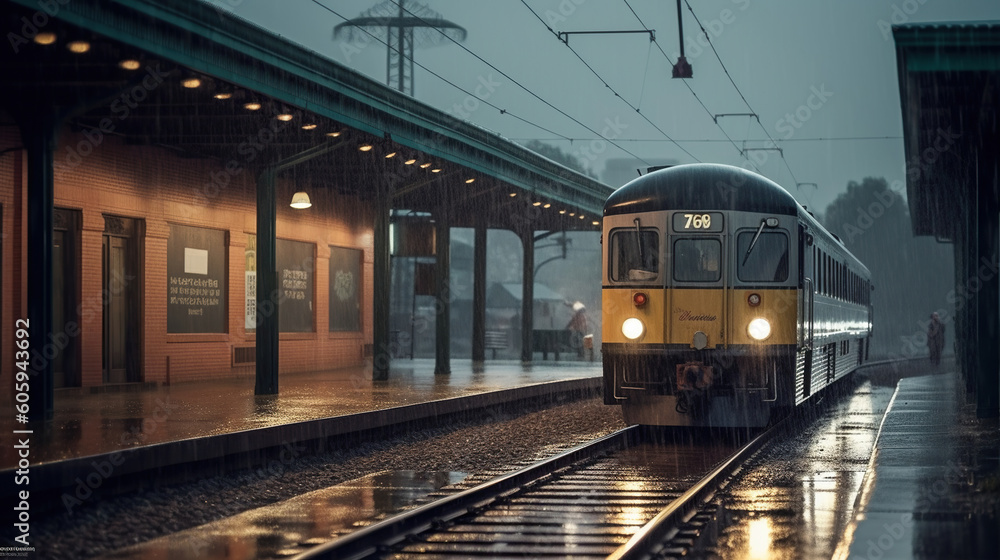 Tracks and Raindrops, A Serene Scene at the Train Station. Generative AI