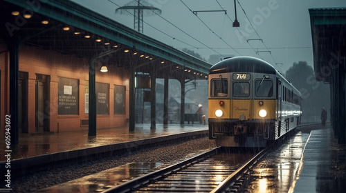 Tracks and Raindrops, A Serene Scene at the Train Station. Generative AI