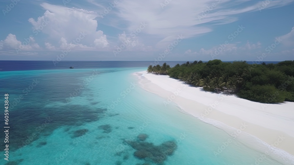 Immerse yourself in the tropical paradise of the Maldives with mesmerizing drone footage that captures the pristine white sandy beaches, crystal-clear turquoise waters. Generated by AI.