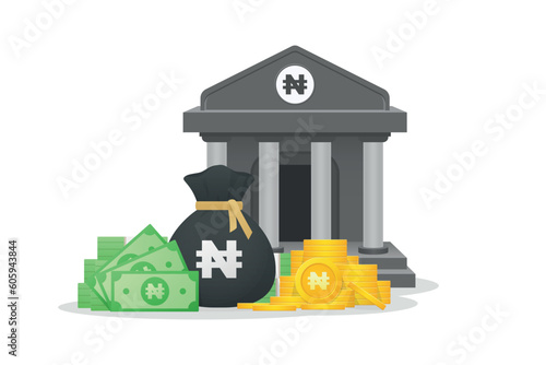 Bank building 3d icon. Gold coins, paper currency and bundles of money bag with Nigerian Naira currency sign. Money Savings, Bank deposit, Financial investment concept illustration.