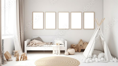 White cozy children room with mock up frame, Scandinavian style. Generative AI © Lifia