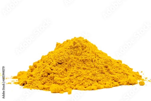 Powdered turmeric isolated on white background. Dried ground turmeric powder spices