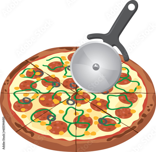 カッターで切っているピザのイメージイラスト