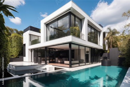 modern mansion with pool, generative AI © Kien