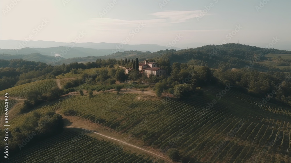 Step into a scenic vineyard in the idyllic landscapes of Tuscany, Italy, as drone footage captures the beauty of this renowned wine region. Generated by AI.