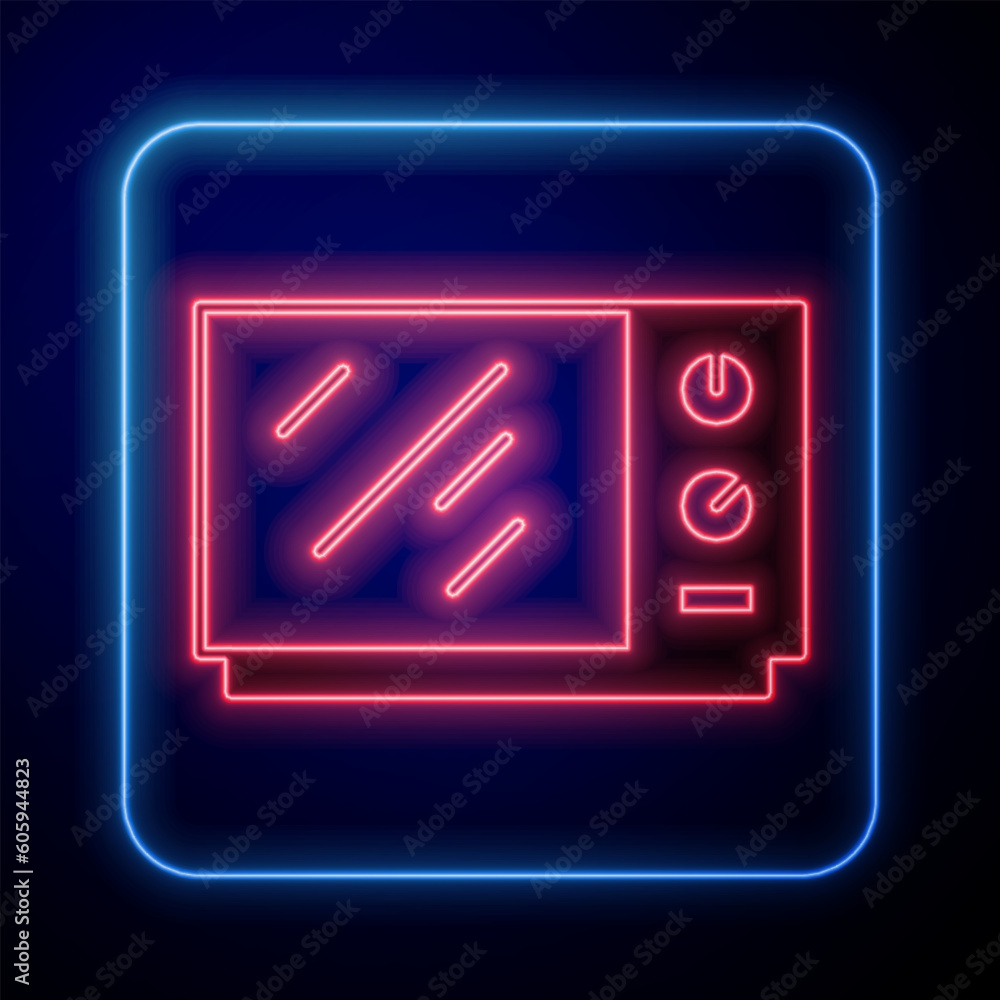 Glowing neon Microwave oven icon isolated on black background. Home appliances icon. Vector Glowing neon Microwave oven icon isolated on black background. Home appliances icon. Vector