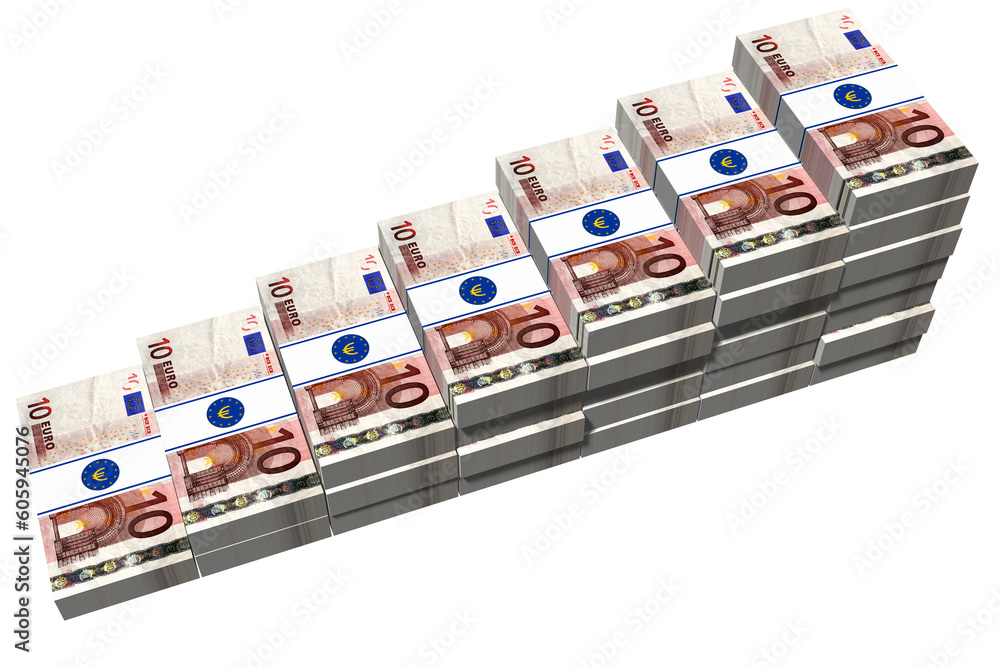 PNG. Trasparente. Dieci euro. Pile crescenti di banconote su sfondo trasparente.