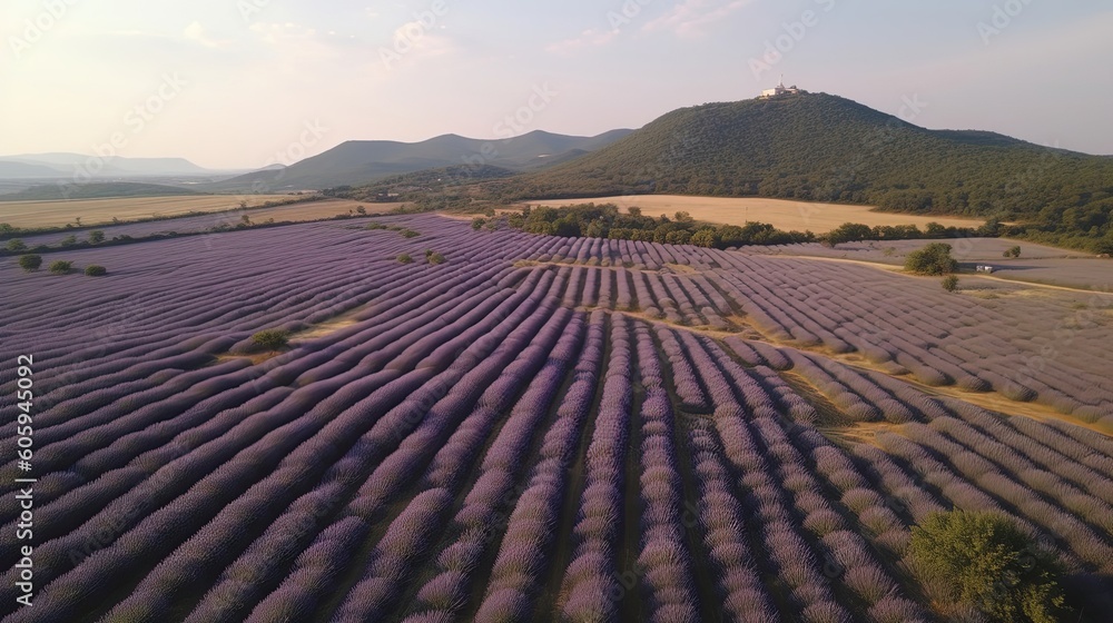 Explore the breathtaking landscapes of the lavender fields in Provence, France, as documented in mesmerizing drone footage. Generated by AI.