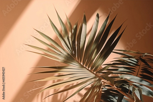 Beige background with palm tropical leaves. Foliar illustration. Generated AI
