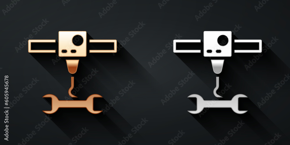 Gold and silver 3D printer wrench spanner icon isolated on black background. 3d printing. Long shadow style. Vector Gold and silver 3D printer wrench spanner icon isolated on black background. 3d printing. Long shadow style. Vector