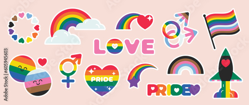Happy Pride LGBTQ element set. LGBTQ community symbols with rainbow flag, rocket, heart. Elements illustrated for pride month, bisexual, transgender, gender equality, sticker, rights concept. © TWINS DESIGN STUDIO