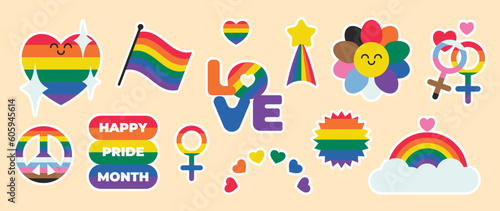 Happy Pride LGBTQ element set. LGBTQ community symbols with rainbow flag, flower, heart. Elements illustrated for pride month, bisexual, transgender, gender equality, sticker, rights concept.
