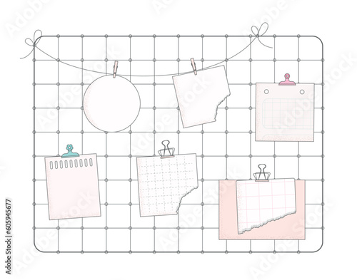 Metal grid wall mood board inspiration. Flat papers, memo and stikers vector template