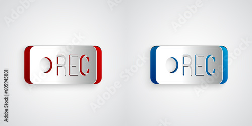 Paper cut Record button icon isolated on grey background. Rec button. Paper art style. Vector