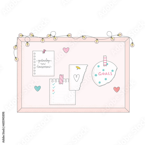 Cork board papers, notes, push pins, lights. Flat vector illustration frame mood board