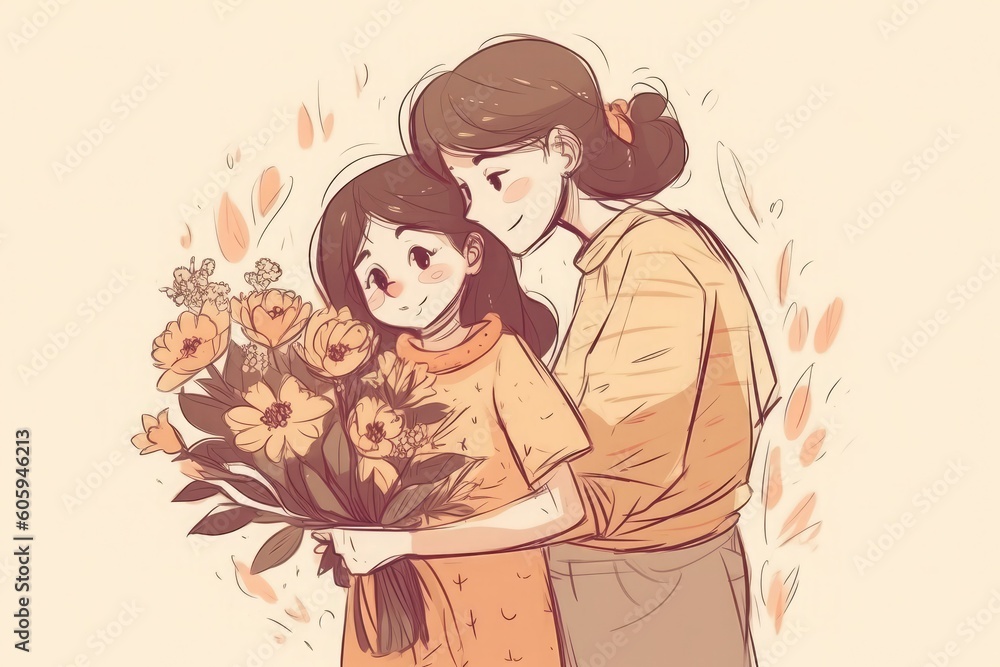 Mother hugging her daughter with a bouquet of flowers on a beige background. Generative AI Mother hugging her daughter with a bouquet of flowers on a beige background. Generative AI