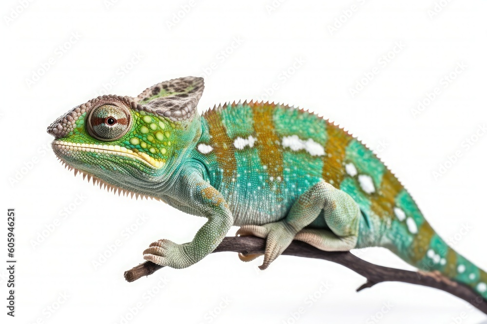 Green Chameleon on a branch isolated on white background. Generative AI Green Chameleon on a branch isolated on white background. Generative AI