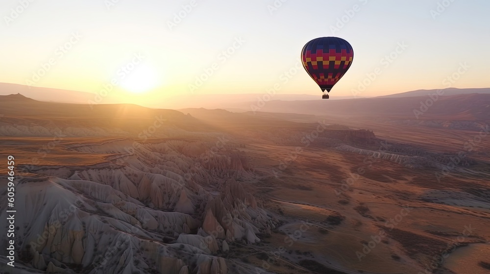Naklejka premium Experience the thrill of a lifetime as you glide through the sky on a hot air balloon ride over the picturesque Cappadocia, Turkey. Generated by AI.