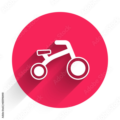 White Bicycle for kids icon isolated with long shadow background. Red circle button. Vector