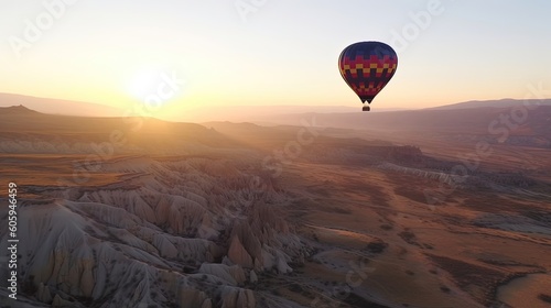 Experience the thrill of a lifetime as you glide through the sky on a hot air balloon ride over the picturesque Cappadocia, Turkey. Generated by AI.