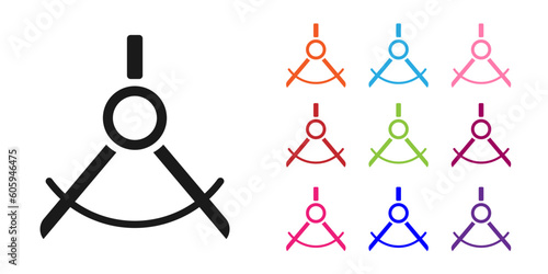 Black Drawing compass icon isolated on white background. Compasses sign. Drawing and educational tools. Geometric instrument. Set icons colorful. Vector