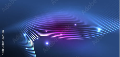 Shiny glowing neon wave. Neon light or laser show, electric impulse, power lines, techno quantum energy impulse, magic glowing dynamic lines