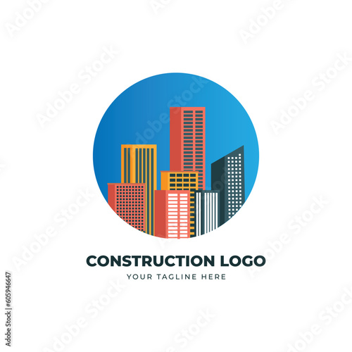 Construction logo design with buildings vector template