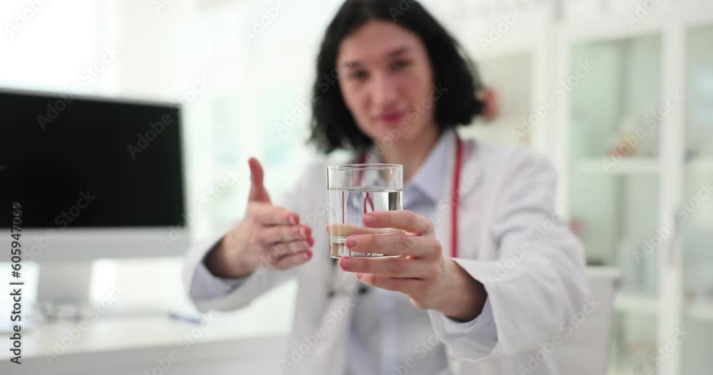 Smiling male doctor with long hair offers glass of mineral water to thirsty patient. Medical specialist with stethoscope consults patient in modern clinic Smiling male doctor with long hair offers glass of mineral water to thirsty patient. Medical specialist with stethoscope consults patient in modern clinic