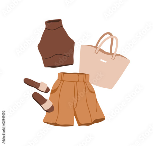 Women summer outfit set. Modern apparel, shorts, sleeveless turtleneck top, sandals and tote bag, purse. Trendy fashion clothes in urban style. Flat vector illustration isolated on white background