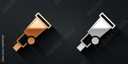 Gold and silver Telescope icon isolated on black background. Scientific tool. Education and astronomy element, spyglass and study stars. Long shadow style. Vector