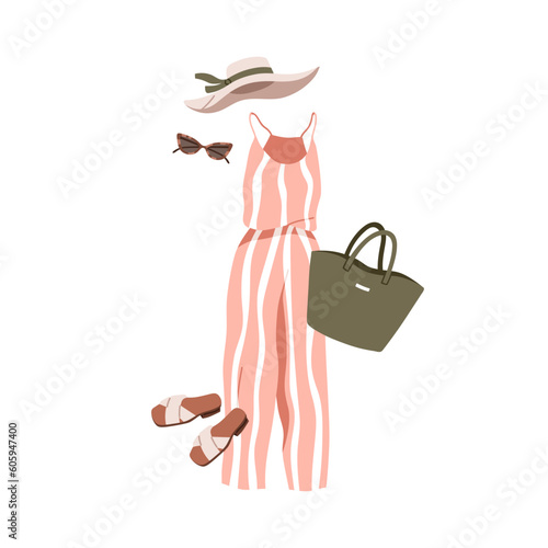 Summer jumpsuit, beach hat, tote bag, sunglasses and sandals. Modern women ou...