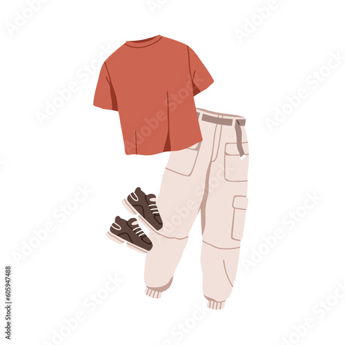 Outfit set in modern sport style. Clothes composition, t-shirt, trousers and sneakers. Stylish apparel, full look with tshirt, pants and trainers. Flat vector illustration isolated on white background