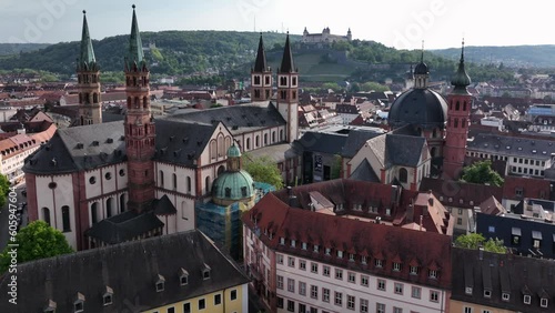 Wurzburg Historical Center Aerial Drone Footage. Old Main Bridge, Wurzburg Cathedral, Marktplatz and walking People photo