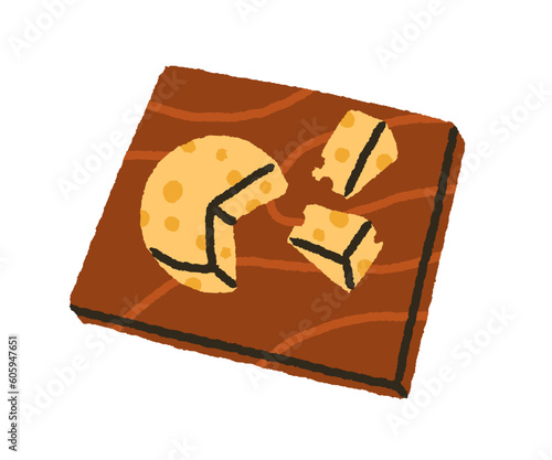 Swiss cheese with holes served on wooden board. Dairy product, snack, cut pie...