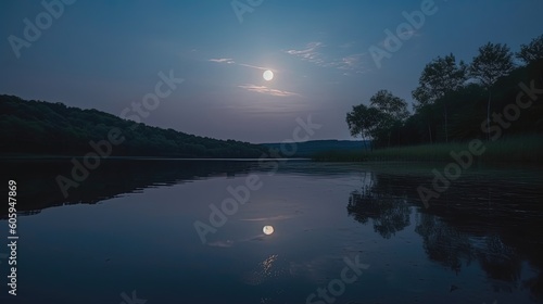 Experience a moment of awe-inspiring beauty as you witness the full moon rising above a serene lake. Bask in the soft, silvery glow that envelops the landscape. Generated by AI.