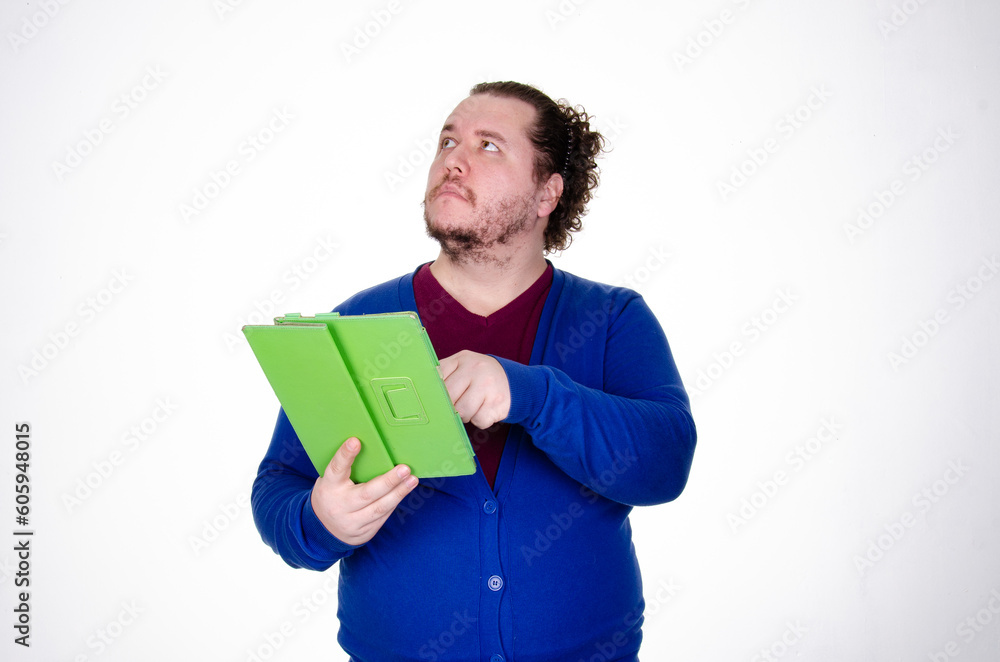 Business and work. Funny fat man posing in the studio. Business and work. Funny fat man posing in the studio.