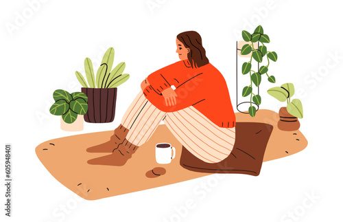 Woman relaxing at cozy home on winter holiday. Young girl in warm socks, sitting on floor with tea mug. Female alone with coffee cup, plants. Flat vector illustration isolated on white background