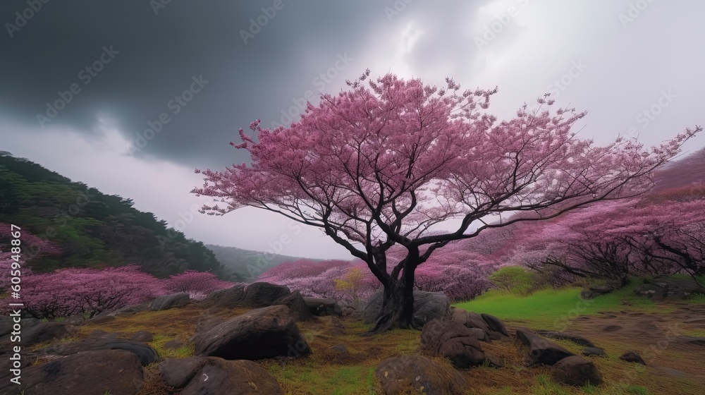 Step into a world of pure enchantment as you admire a blooming cherry blossom tree in Japan. The delicate pink blossoms create a breathtaking display. Generated by AI.