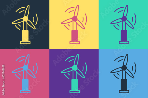 Pop art Wind turbine icon isolated on color background. Wind generator sign. Windmill for electric power production. Vector