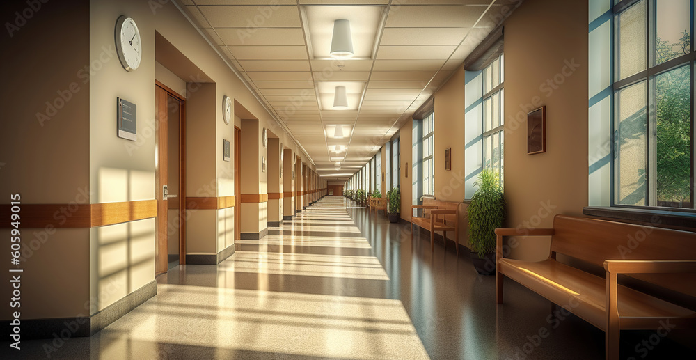 Hospitals waiting room corridor, creating a stress-free environment, Generative AI
