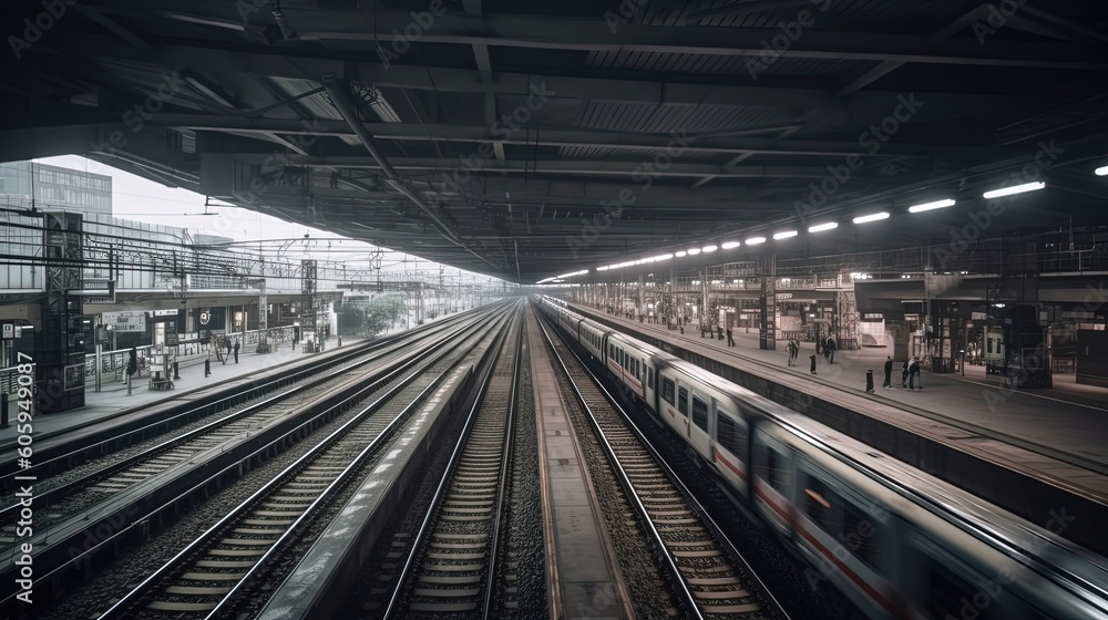 The high-speed train station buzzes with activity during the peak rush hour, as commuters and travelers rush to catch their trains, creating a sense of urgency and motion. Generated by AI.