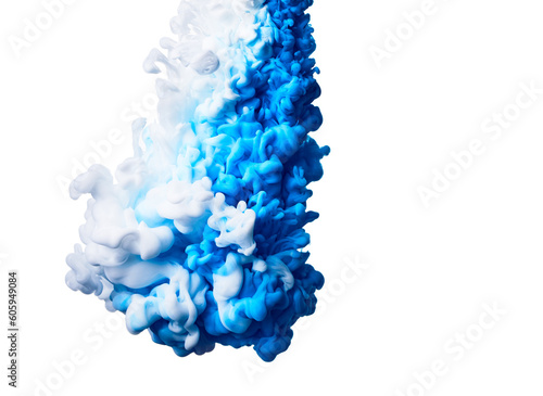 Blue and white drop of paint in water over white background